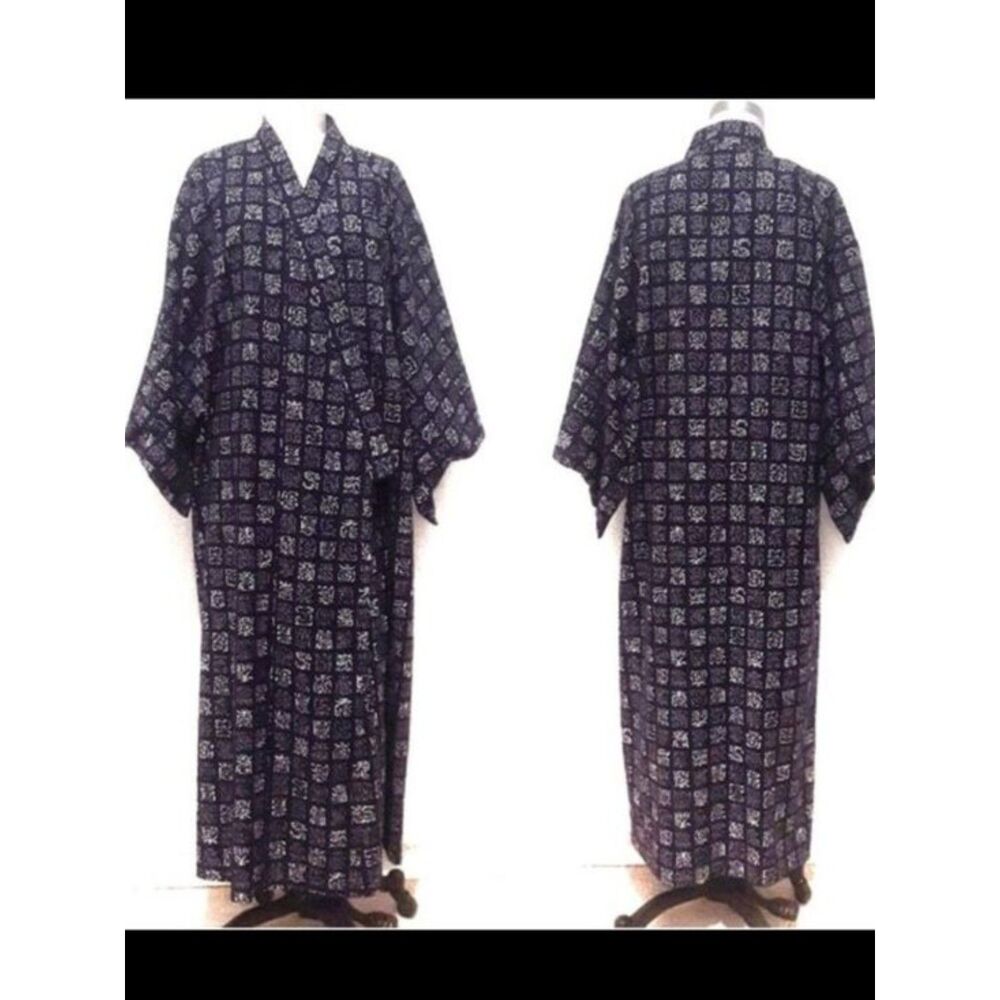 VTG Japanese kimono character print navy white